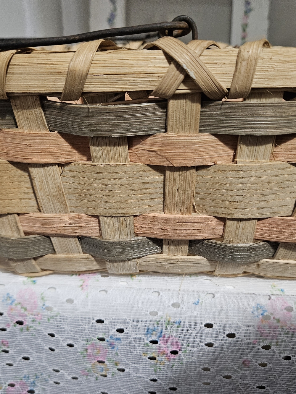 Woven Rectangular Basket with Metal and Wood Handle, Neutral Stripes